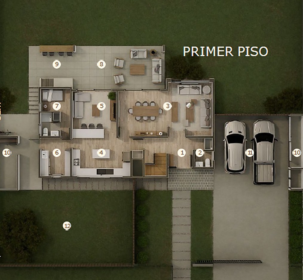 Planta del primer piso: hall de acceso, baño de visitas, living comedor, cocina, family room, logia, dormitorio de servicio, terraza techada, quincho, bodegas, estacionamientos techados y patio de servicio.