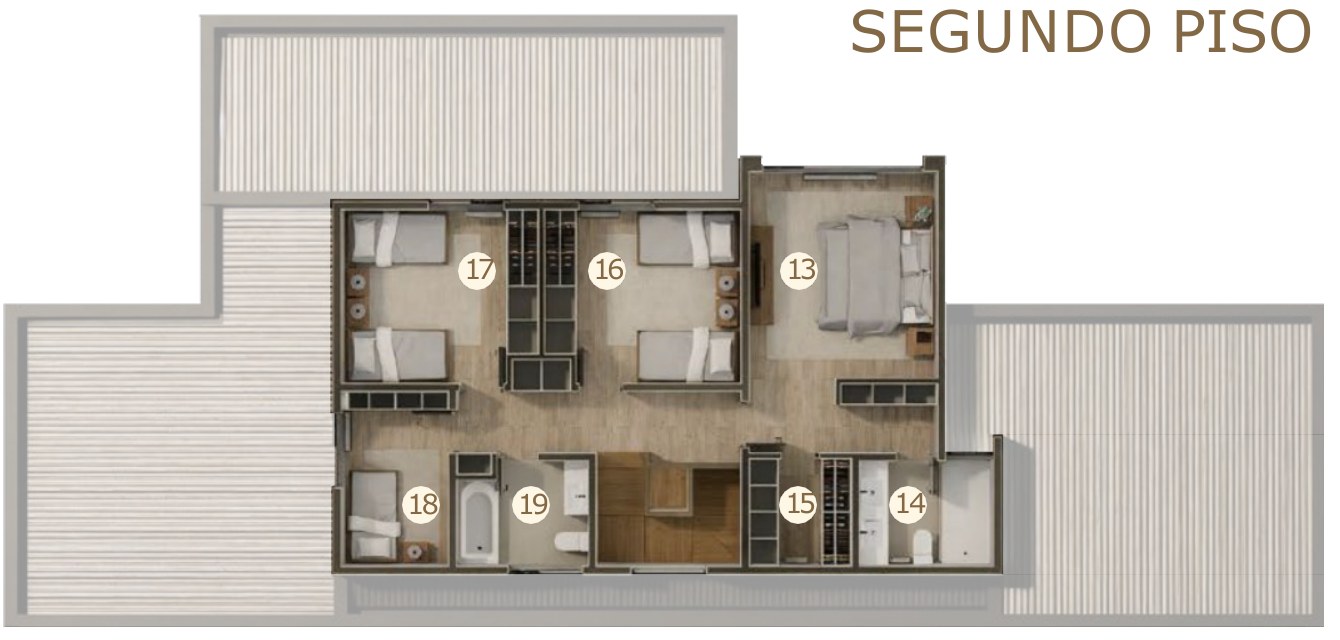 Planta del segundo piso: dormitorio principal con baño suite y walking closet, tres dormitorios adicionales (uno opcional como estudio) y baño.
