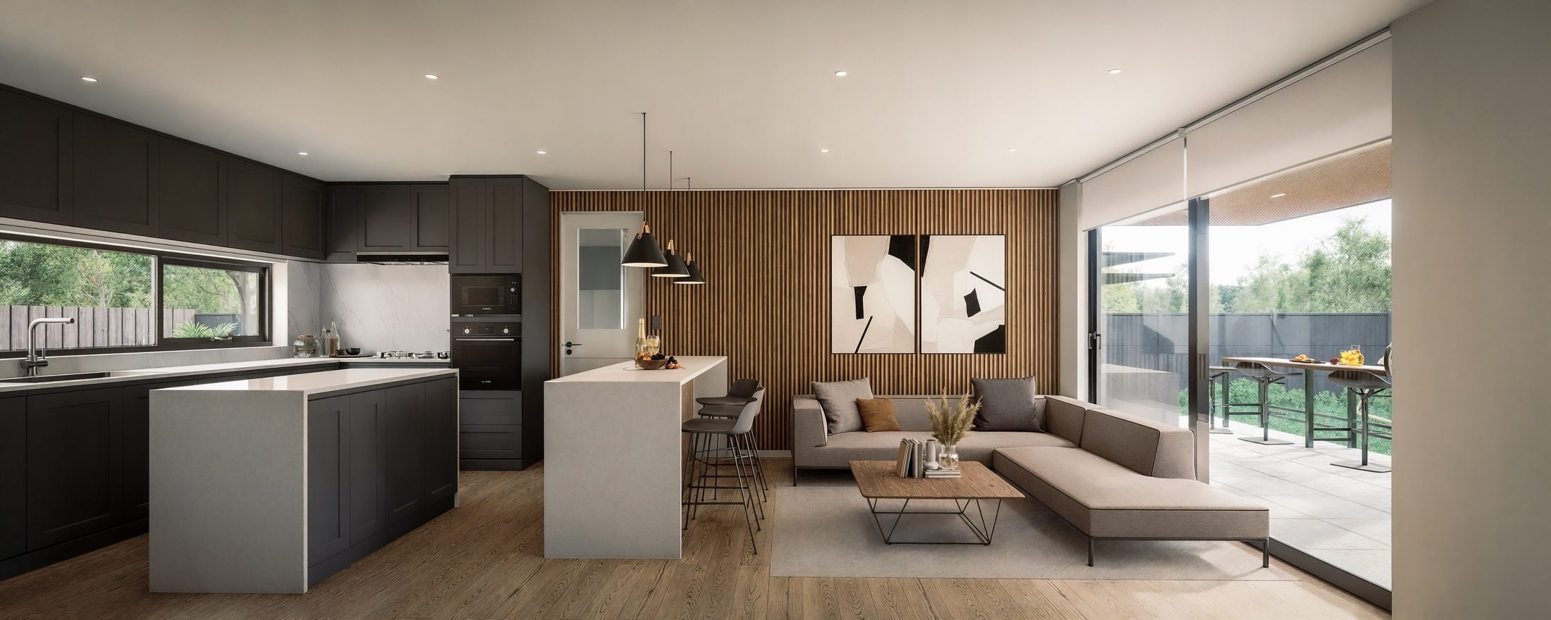 Cocina de diseño con isla central y living comedor integrado, con acceso directo a la terraza.