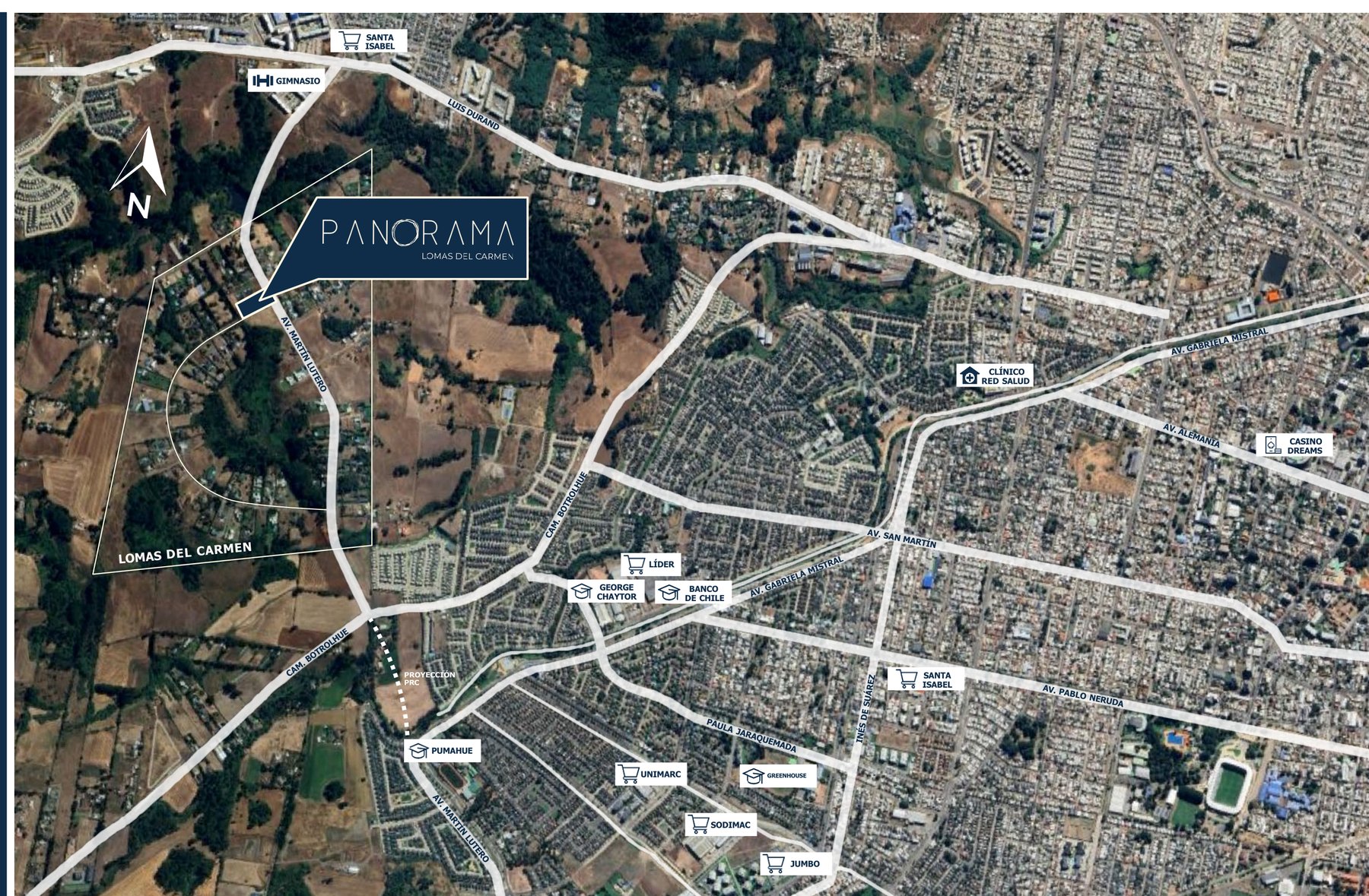 Mapa de ubicación de Panorama en Lomas del Carmen, Temuco, cercano a Av. Martín Lutero, con referencias a colegios, supermercados, bancos, gimnasio y centro médico.