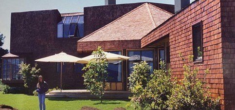 Vivienda unifamiliar de líneas contemporáneas y cubierta oscura.
