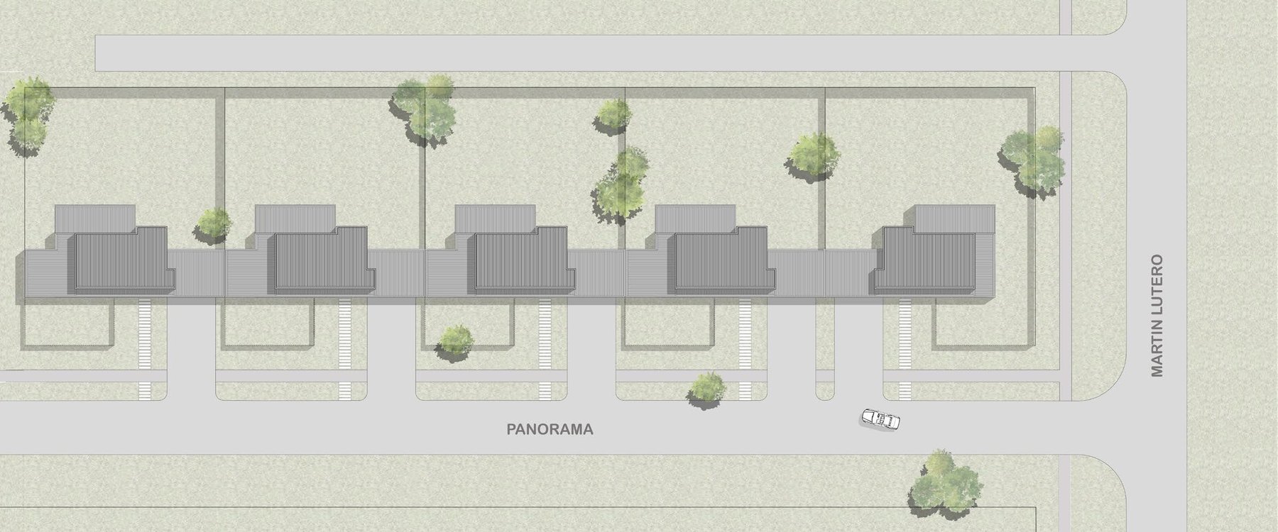 Plano de emplazamiento del condominio Panorama mostrando las cinco casas numeradas del 5 al 9 a lo largo de la calle Panorama, con acceso desde Martín Lutero.